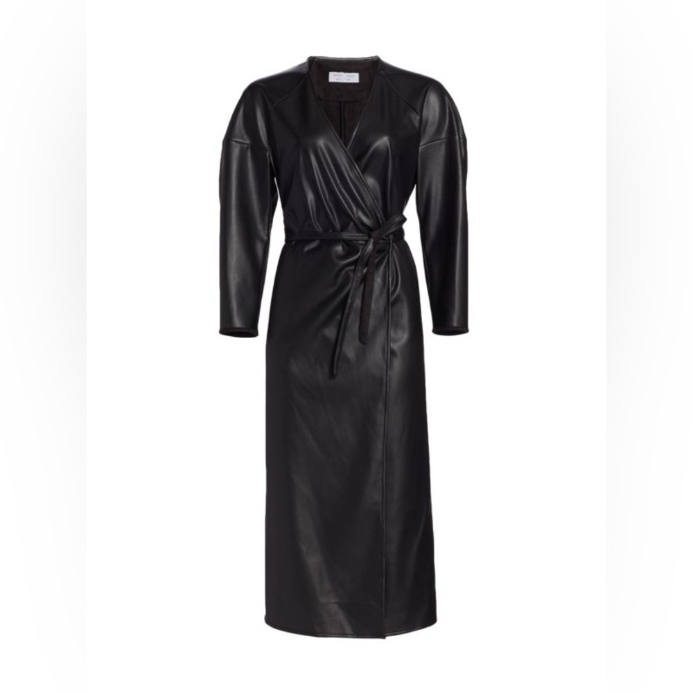 Proenza Shuler White Label Faux Leather Wrap Black Midi Dress, size 12